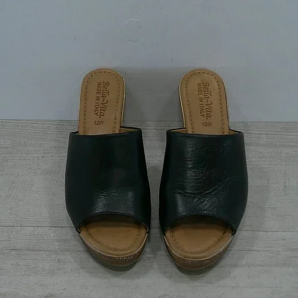 Bella Vita Sexy Black Leather Made in Italy Boho Wedge slide sandals Size 12 W - Picture 4 of 11